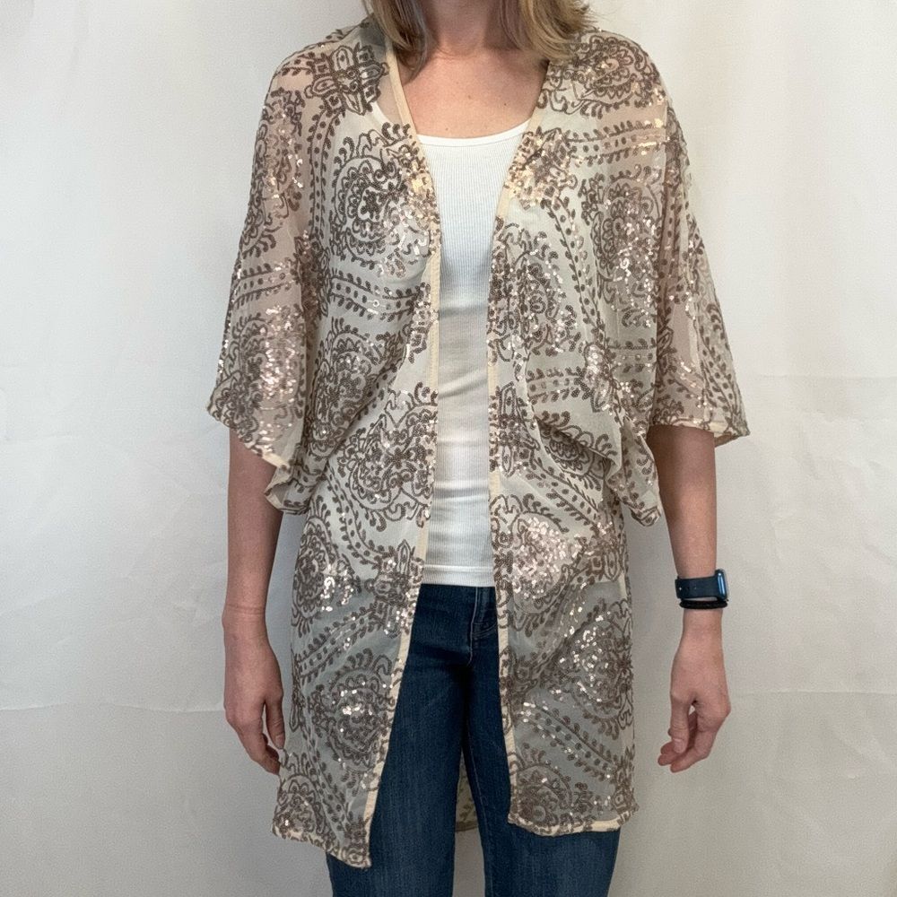 Vestique Sequin Duster Cardigan Ivory Rose Gold Sheer Women’s S
